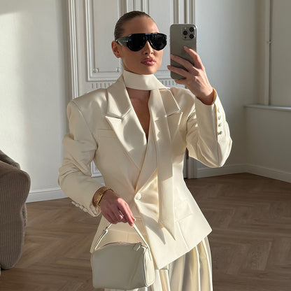 [Grace Bow Blazer] | Elegant Ribbon-Waist Short Office Coat – Double Breasted Women’s Blazer by TGC