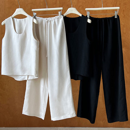 Minimalist Korean Two-Piece Set - Back Slit Sleeveless Vest & Wide-Leg Pants | Effortlessly Chic & Comfortable