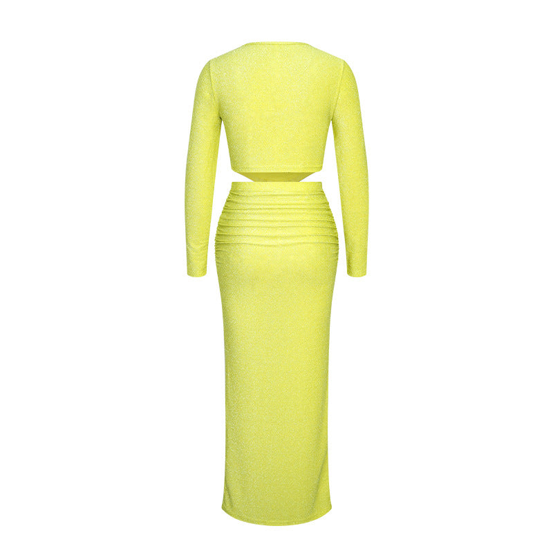 Neon Yellow Long Sleeve Crop Top Skirt Outfit 2-piece Set