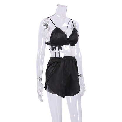 2024 Capsule Wardrobe | Elegant Silk Satin Lace Robe, Ruffles Bralette, Shorts Outfit 3-piece Set size S-L