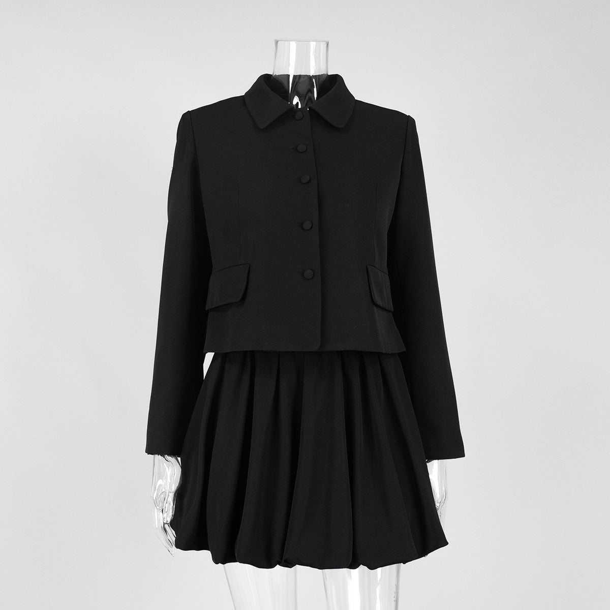 TGC “Fall Edit” Black Office Skirt Set | Minimalist Long Sleeve Collared Top & High-Rise Skirt