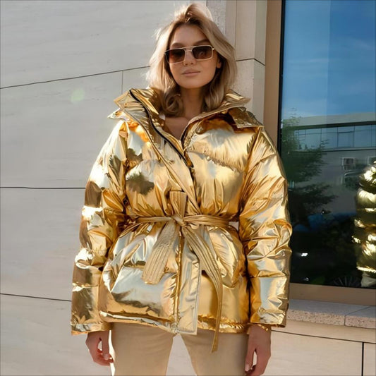 Metallic Gold Hooded Cotton Coat Jacket - Glossy Winter Sports Outdoor Casual Coat