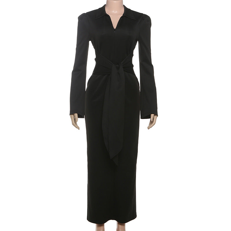 TGC “Céleste” Collared Maxi Dress | Slim Fit Lace-Up Waist & Front Split Elegance