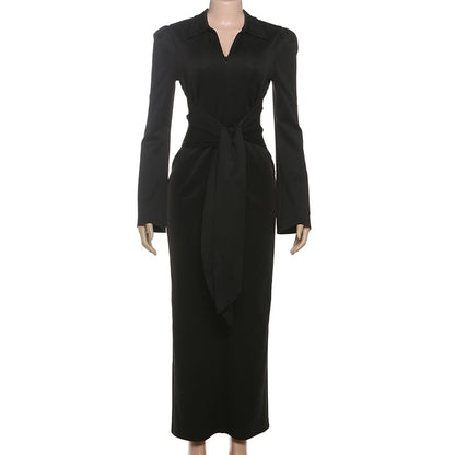 TGC “Céleste” Collared Maxi Dress | Slim Fit Lace-Up Waist & Front Split Elegance
