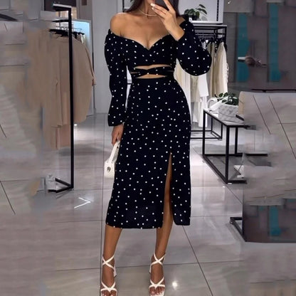 Fashion Trends 2023 | Polkadot Off Shoulder Crop Top Skirt Outfit 2 piece Set