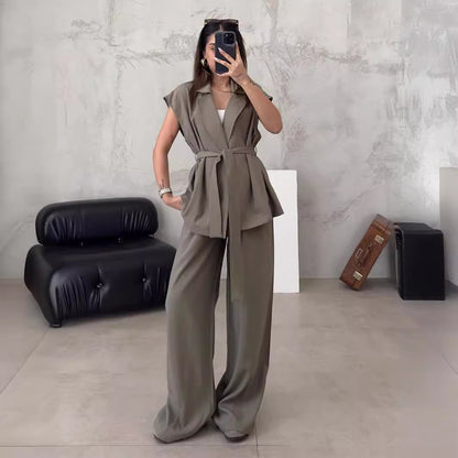 Casual Spring Outfits | Belted Kimono Top Wide Leg Pants Outfit 2-piece Set