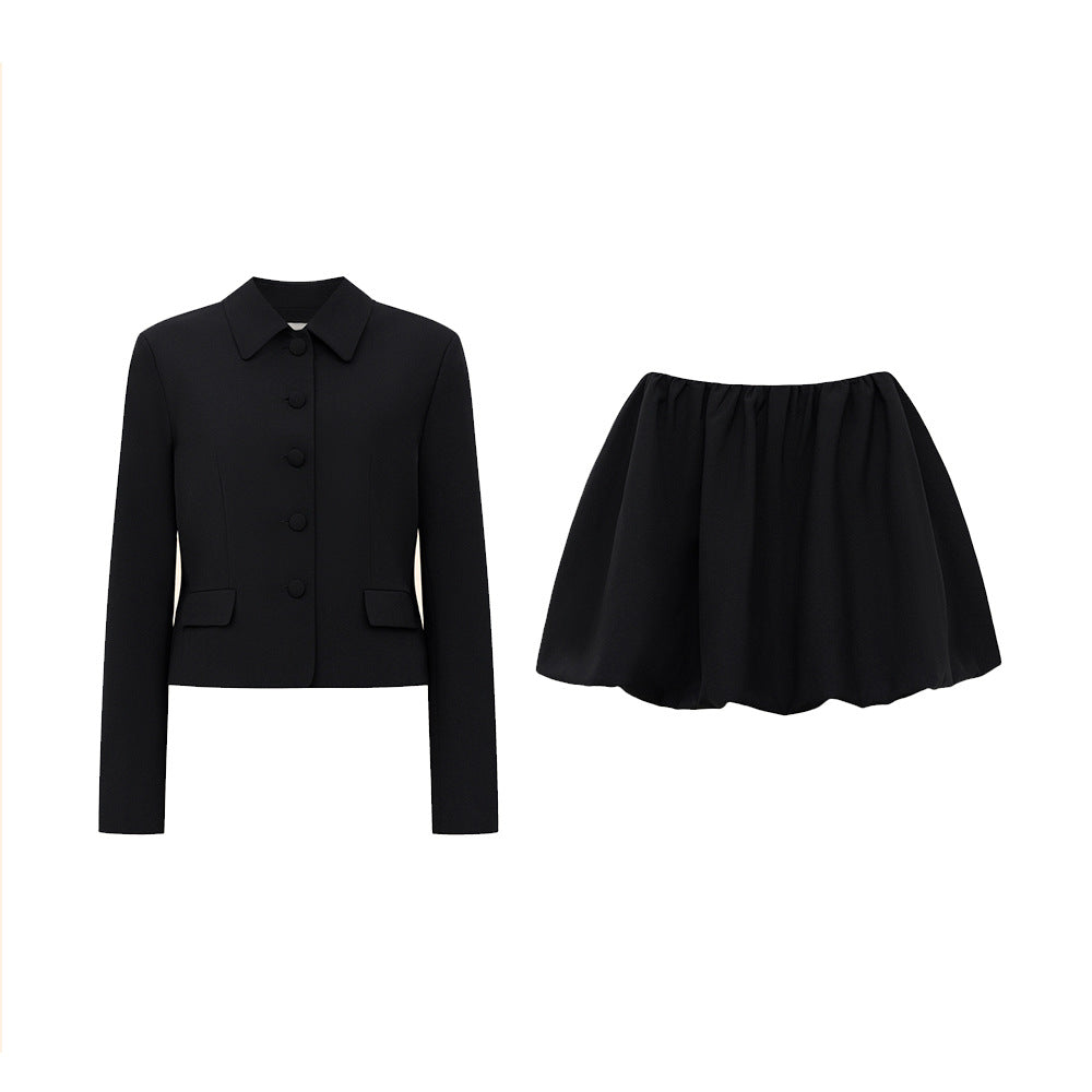 TGC “Fall Edit” Black Office Skirt Set | Minimalist Long Sleeve Collared Top & High-Rise Skirt