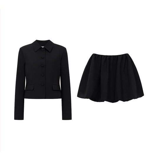 TGC “Fall Edit” Black Office Skirt Set | Minimalist Long Sleeve Collared Top & High-Rise Skirt