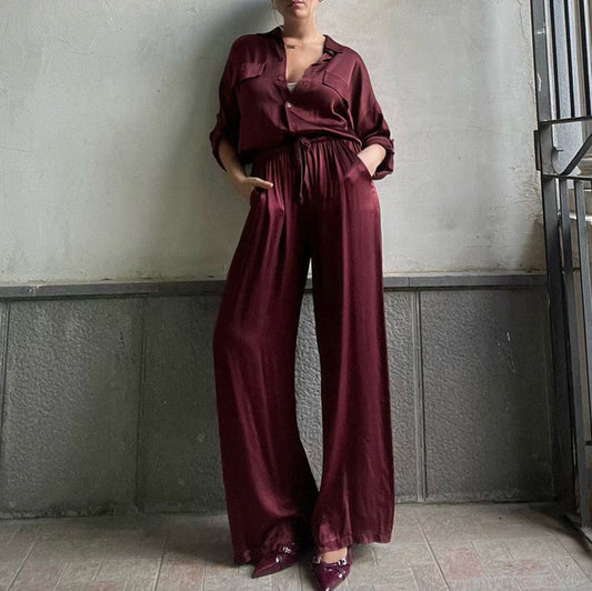 [The Reverence Set] | Burgundy Satin Collared Shirt & High-Waist Trousers | Loose-Fit Spring/Fall Two-Piece by TGC – Trust God Claudia