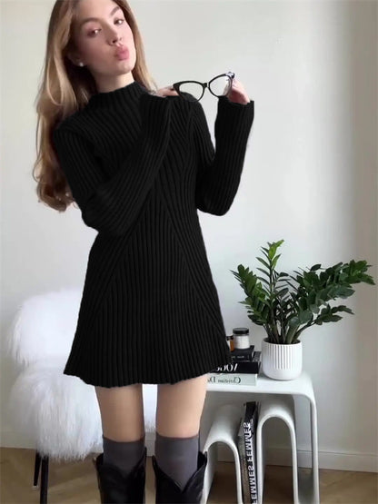 Old Money Aesthetic Outfits | Knitted Viscose Turtleneck Sweater Dress