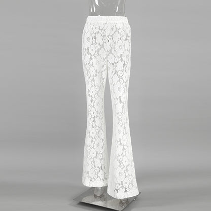 2024 Summer Outfits | Cotton Lace White Jacquard See through High Waist Flared Pants