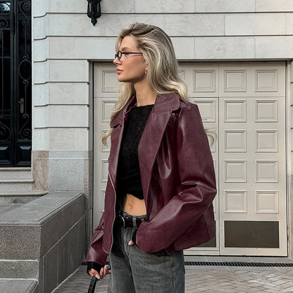 Burgundy Retro Leather Jacket - Wine Red Artificial Leather Collar Long Sleeve Loose Fit | Fall/Winter Commuting Style