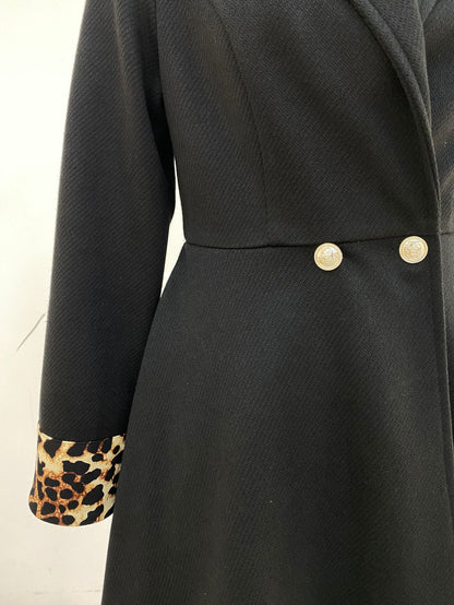 TGC Fashion Fall Outfits 2024, Leopard Print Cuffs Long Black Blazer Coat