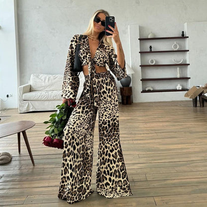 2024 Fashion Trends | Leopard Long Sleeve Crop Top Tie High Waist Wide Leg Pants Outfit 2-piece Set