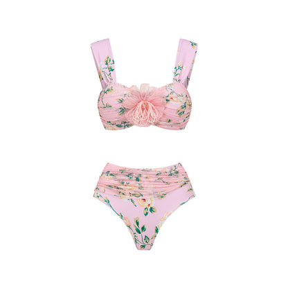 Summer Outfits 2024 | 3D Pink Floral Ruffles Bikini One Piece Swimsuit Skirt Outfit