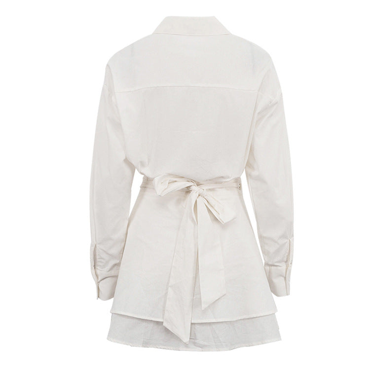 [Double Grace Skirt Set] | Elegant Collared Long Sleeve Top & Double Layer Lace-Up A-Line Skirt – Cotton Two Piece by TGC