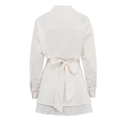 [Double Grace Skirt Set] | Elegant Collared Long Sleeve Top & Double Layer Lace-Up A-Line Skirt – Cotton Two Piece by TGC