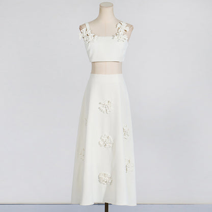 [Fleur Élevée Set] | Sexy 3D Floral Strap Crop Top & High Waist Midi Skirt – Elegant Summer Two-Piece by TGC