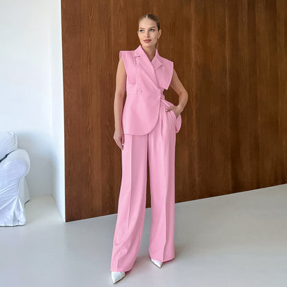 TGC “Blush Balance” Summer Set | Pink Sleeveless Collared Waistcoat & Wide Leg Pants | Casual Office Chic