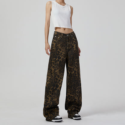 2024 Fashion Trends, Cotton Leopard Retro Wide Leg Jeans