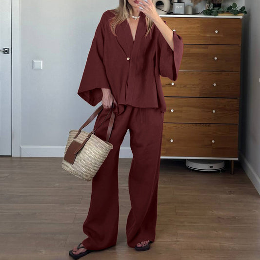 [The Abide Set] | Burgundy Cotton V-Neck Long Sleeve Top & Loose Trousers | High-Sense Casual Two-Piece by TGC – Trust God Claudia