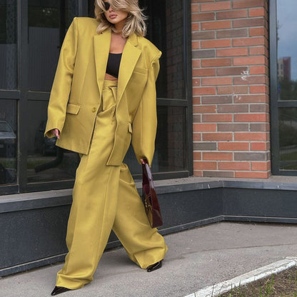 Golden Hour” 2-Piece Set | Yellow Collared Coat & Wide Leg Pants | Fall/Winter Office Elegance