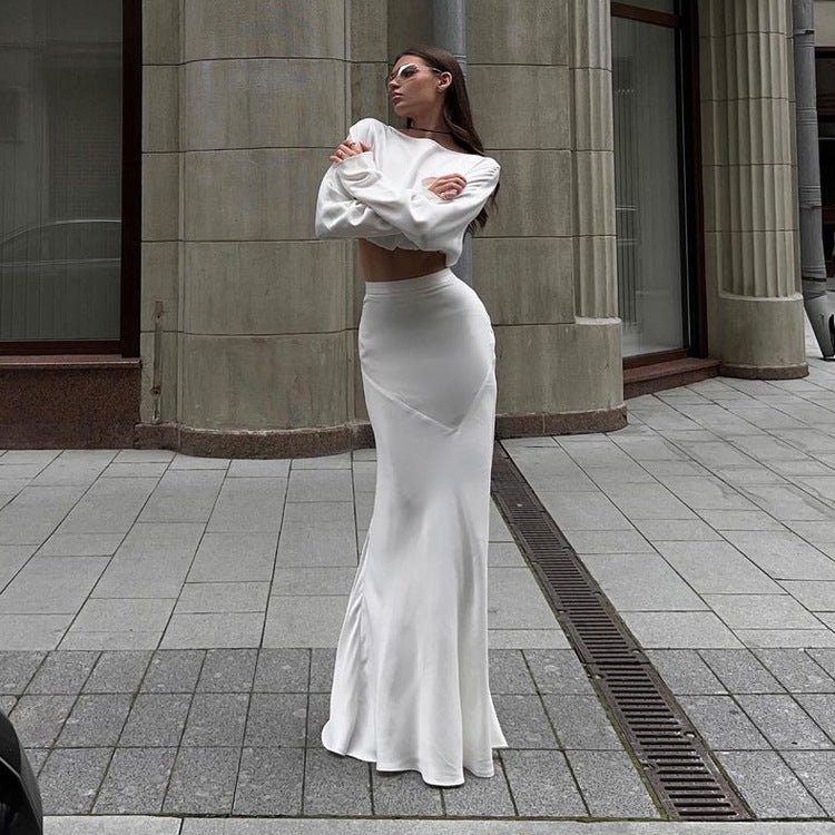 Spring Outfits 2024 | White Long Sleeve Bubble Hem Crop Top Mermaid Maxi Skirt Outfit 2-piece Set