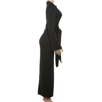 TGC “Céleste” Collared Maxi Dress | Slim Fit Lace-Up Waist & Front Split Elegance