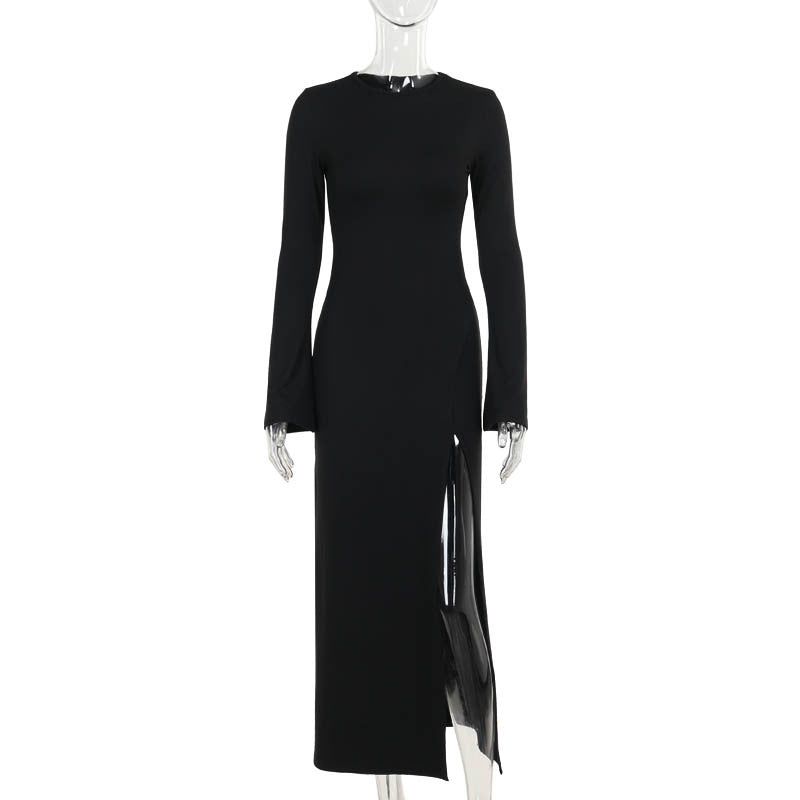 Elegant Little Black Maxi Dress - Split A-Line Crew Neck Long Sleeve Winter 2025 Style