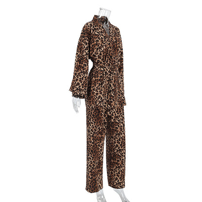 2024 Fashion Trends, Leopard Kimono Belted Shirt Pants Outfit 2-piece Set