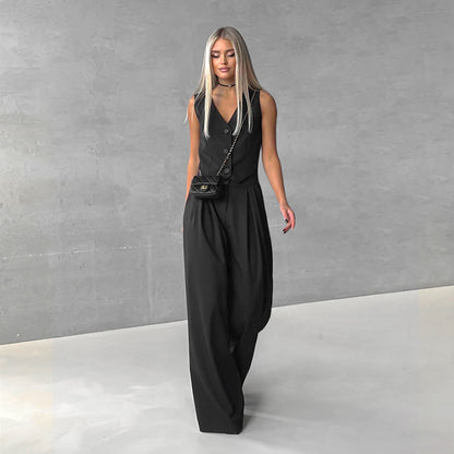 Summer Outfits 2024 | Elegant Classy Business Casual Vest Wide Leg Pants Outfit 2-piece Set