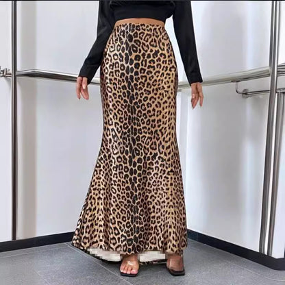 TGC FASHION 2024 Fashion Fall Outfits, Satin Maxi Leopard Fishtail Skirt