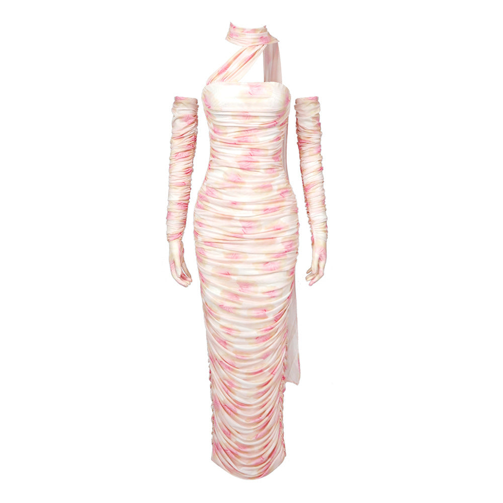 Elegant Summer Dresses | Summer Pink Opera Gloves Pleated Tube Top Halter Scarf Dress S / Multi Elegant Summer Dresses | Summer Pink Opera Gloves Pleated Tube Top Halter Scarf Dress S / Multi