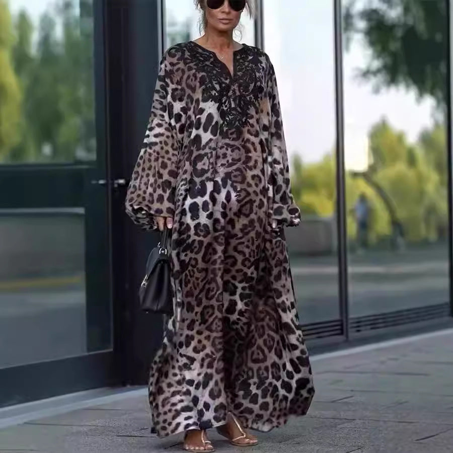 Loose Leopard Print Maxi Dress - V-Neck Lantern Sleeve Thanksgiving Outfit 2025 | Casual & Chic