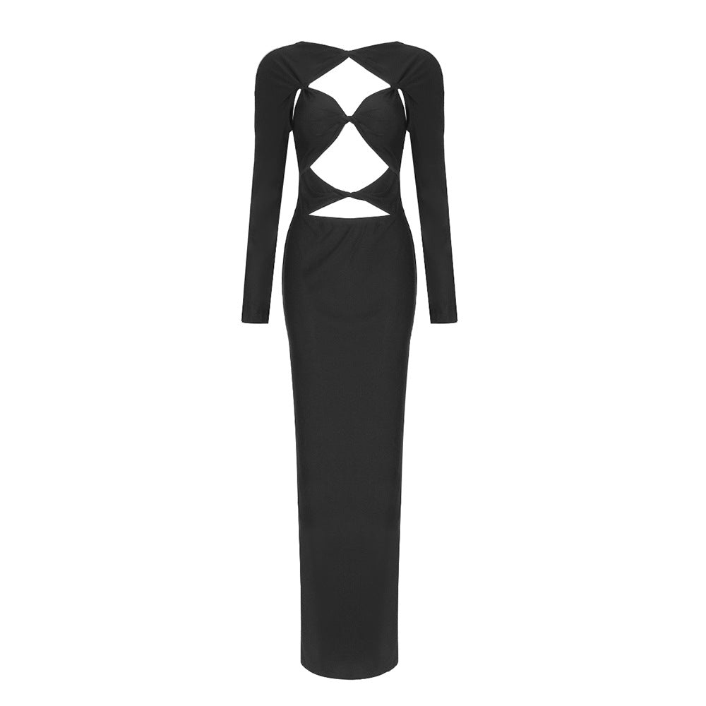 Black Twisted Long Sleeve Hollow Out Cutout Dress Nylon Stretch Dress Women Clothing Winter