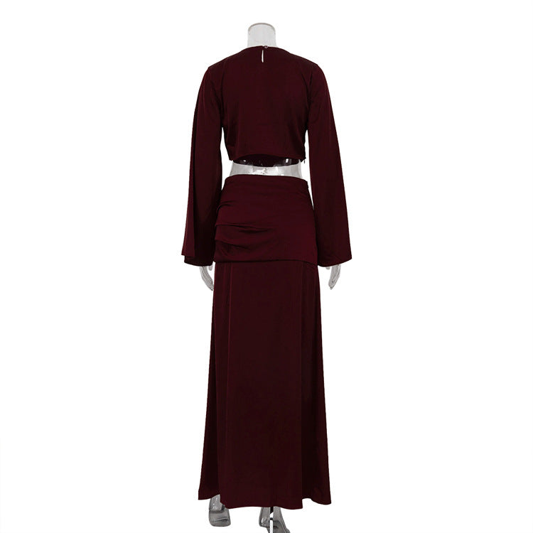 Winter Outfit | Burgundy Long Sleeve Cropped Top & Satin Draping Skirt Set