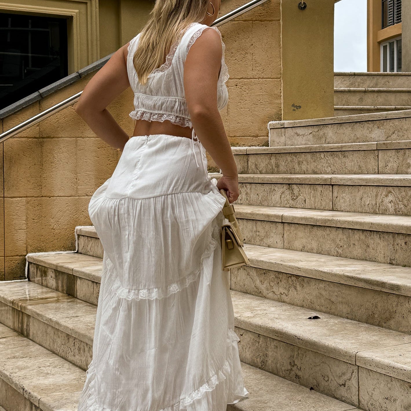 Summer Outfits 2024 | White Lace Crop Top High Waist Ruffles Maxi Skirt Outfit 2-piece Set