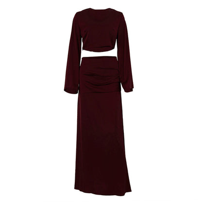 Winter Outfit | Burgundy Long Sleeve Cropped Top & Satin Draping Skirt Set