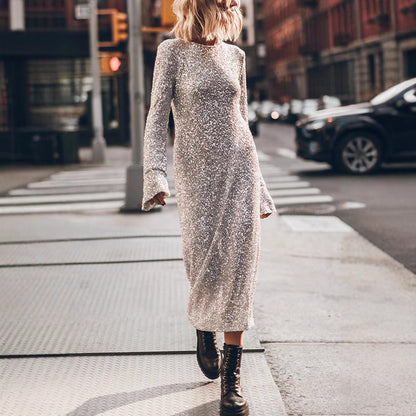 Simple Sequin Long Sleeve Dress - Shiny Cut-Out Back Winter Dress