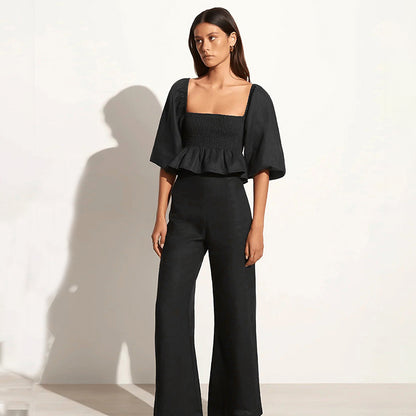 Capsule Wardrobe 2024, Cotton Linen Spring Puff Sleeve Square Crop Top Ruffles Flared Pants Outfit 2-piece Set