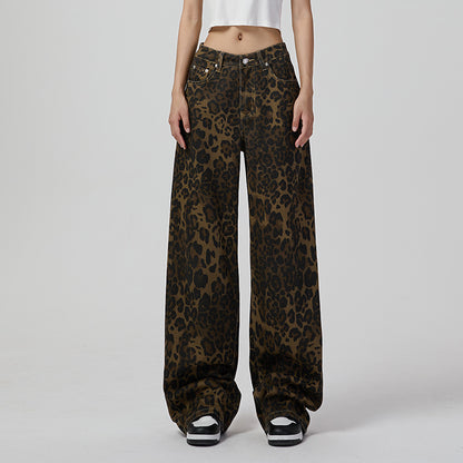 2024 Fashion Trends, Cotton Leopard Retro Wide Leg Jeans