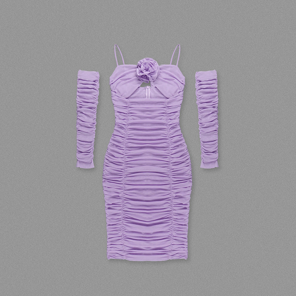 Summer Dresses 2024 | 3D Floral Lilac Lavender Opera Gloves Pleated Dress