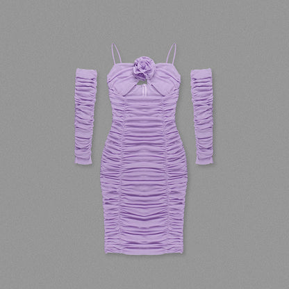 Summer Dresses 2024 | 3D Floral Lilac Lavender Opera Gloves Pleated Dress