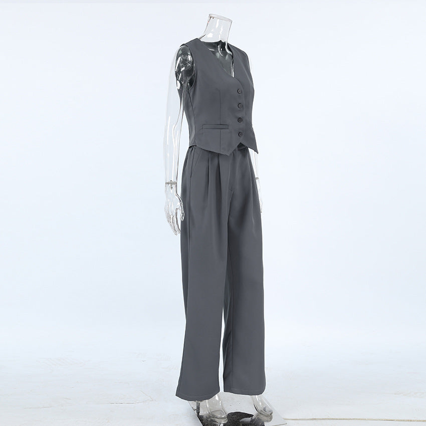 Business Casual Outfits | Dark Gray Vest Wide Leg Pants Outfit 2-piece Set