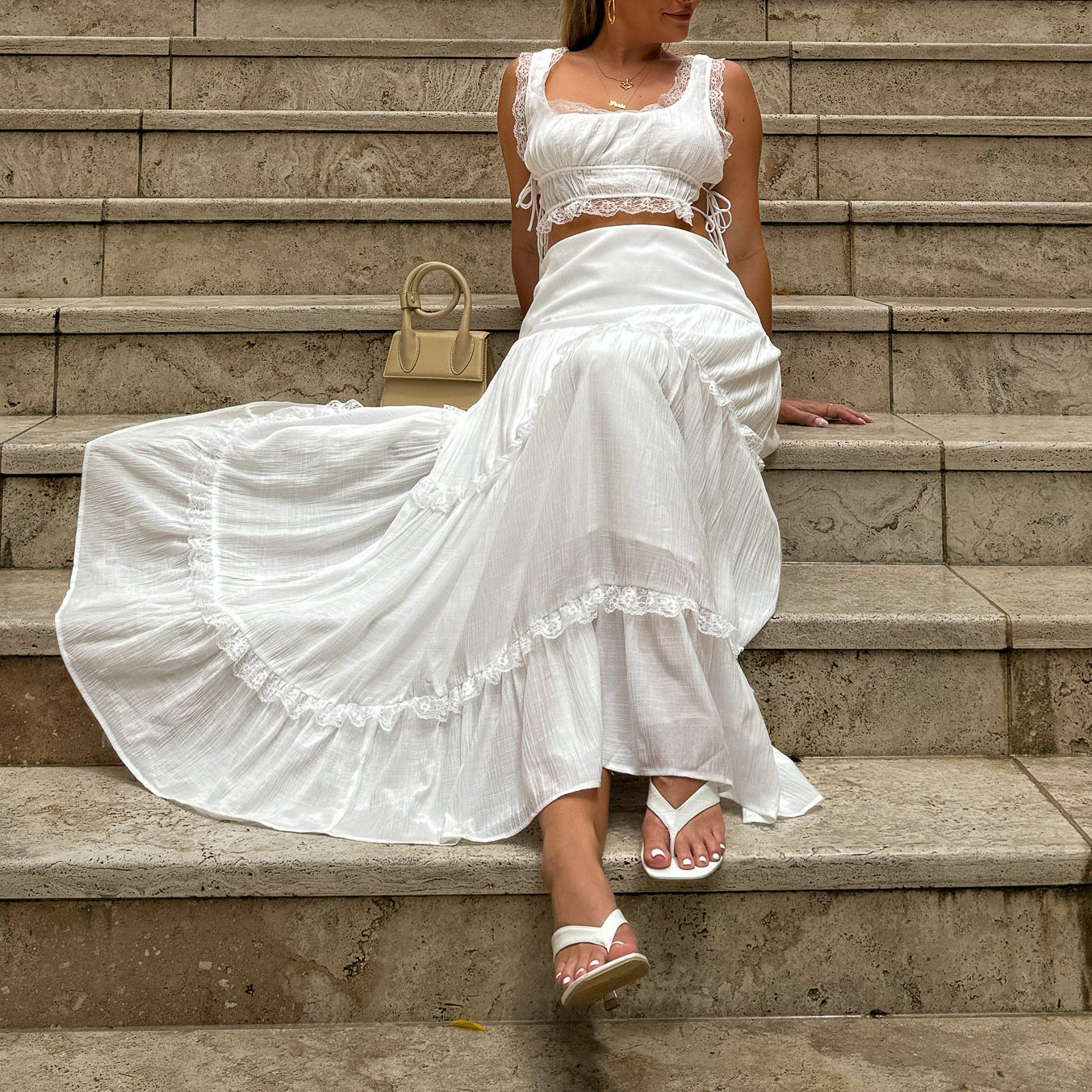 Summer Outfits 2024 | White Lace Crop Top High Waist Ruffles Maxi Skirt Outfit 2-piece Set