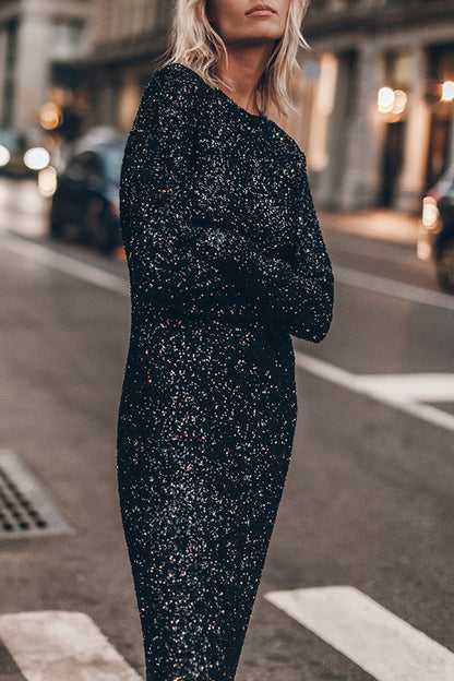 Simple Sequin Long Sleeve Dress - Shiny Cut-Out Back Winter Dress