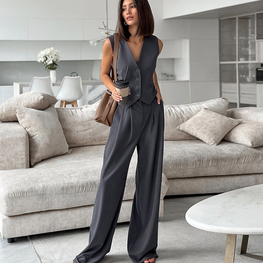 Business Casual Outfits | Dark Gray Vest Wide Leg Pants Outfit 2-piece Set