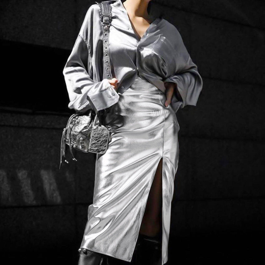 Fall Outfits | Metallic Silver Aesthetic High Waist Skirt