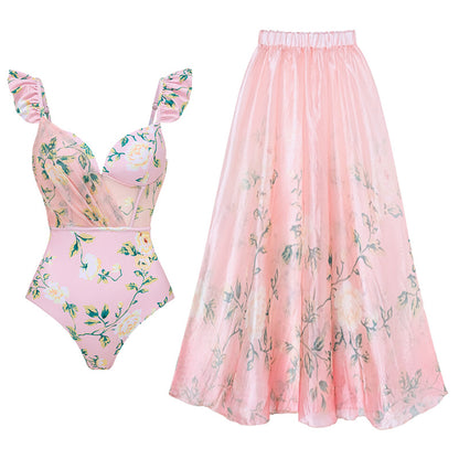 Summer Outfits 2024 | 3D Pink Floral Ruffles Bikini One Piece Swimsuit Skirt Outfit