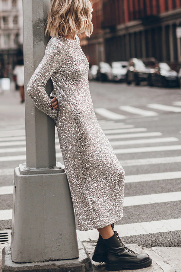 Simple Sequin Long Sleeve Dress - Shiny Cut-Out Back Winter Dress